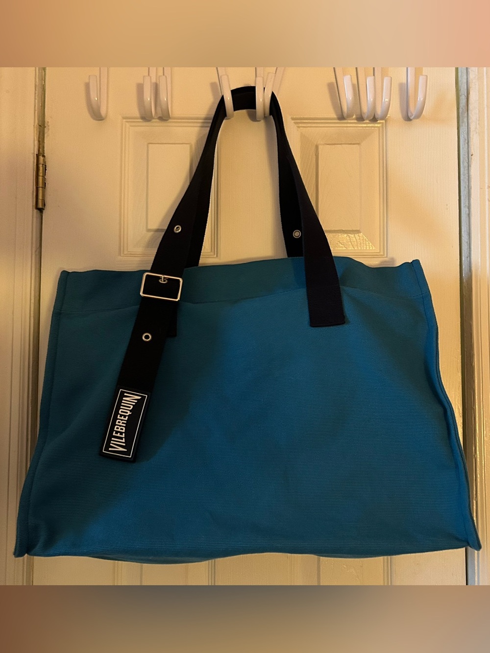 Vilebrequin Teal Tote with Black Strap and Logo Patch